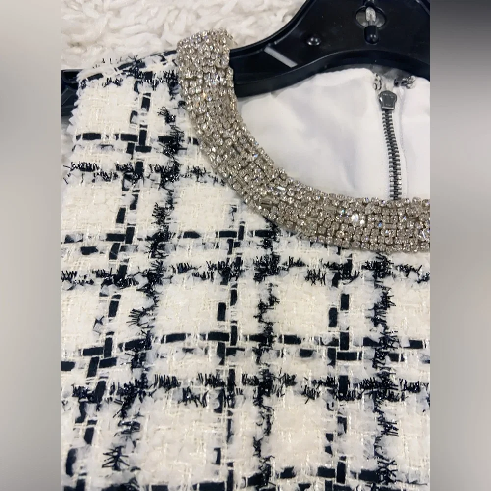 NWT Alice Olivia Clyde Crystal Embellished Checked Tweed Dress